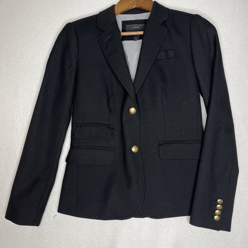 J Crew Schoolboy Blazer Sport Coat Jacket Women 0 Black Wool Stretch Gold Button
